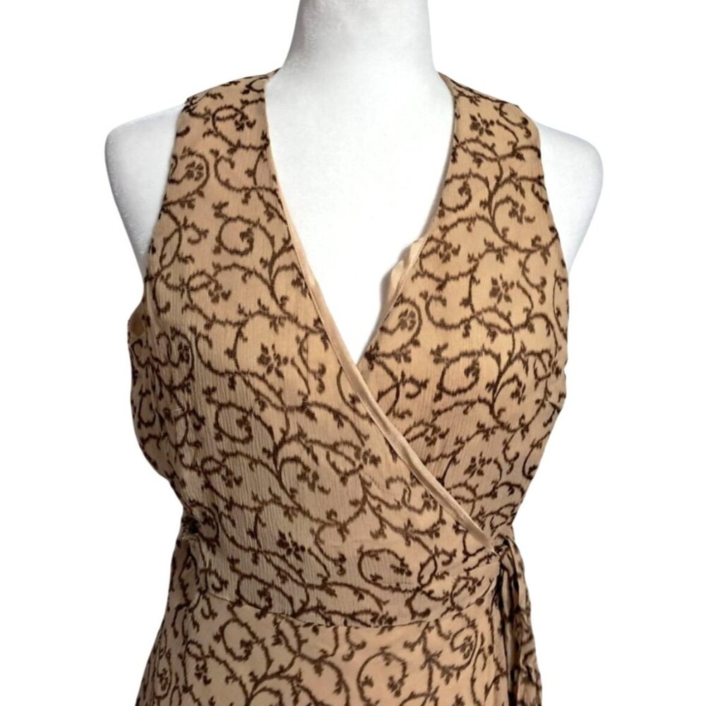 Lauren Ralph Lauren Tan & Brown Silk Wrap Dress Womens Size 12 Sleeveless Midi L - Picture 5 of 10